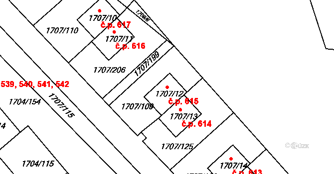 Miřetice u Klášterce nad Ohří 615, Klášterec nad Ohří na parcele st. 1707/12 v KÚ Miřetice u Klášterce nad Ohří, Katastrální mapa