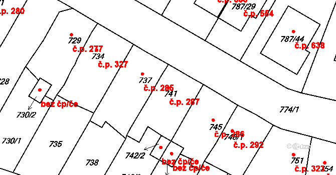 Proboštov 287 na parcele st. 741 v KÚ Proboštov u Teplic, Katastrální mapa