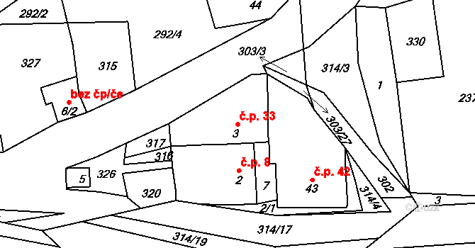 Hrádek 33, Raná na parcele st. 3 v KÚ Hrádek u Loun, Katastrální mapa