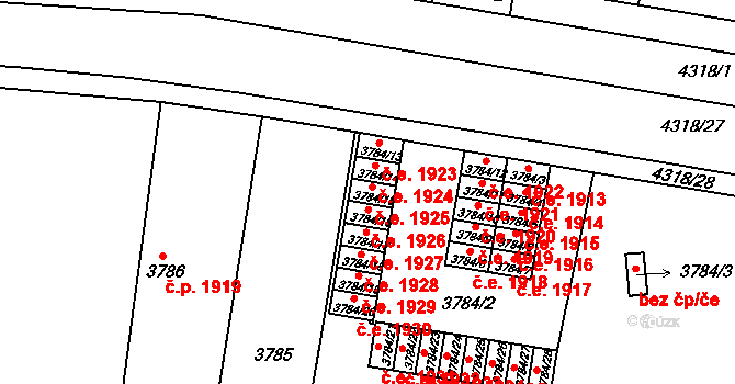 Teplice 1925 na parcele st. 3784/15 v KÚ Teplice, Katastrální mapa