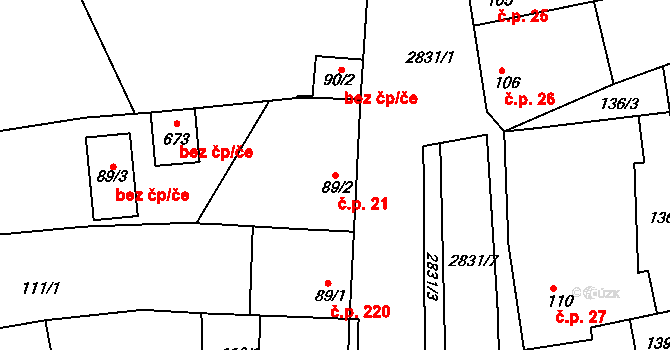 Roštín 21 na parcele st. 89/2 v KÚ Roštín, Katastrální mapa