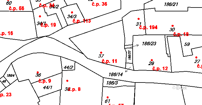 Hradešín 11 na parcele st. 37 v KÚ Hradešín, Katastrální mapa