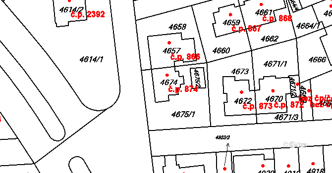 Záběhlice 874, Praha na parcele st. 4674 v KÚ Záběhlice, Katastrální mapa