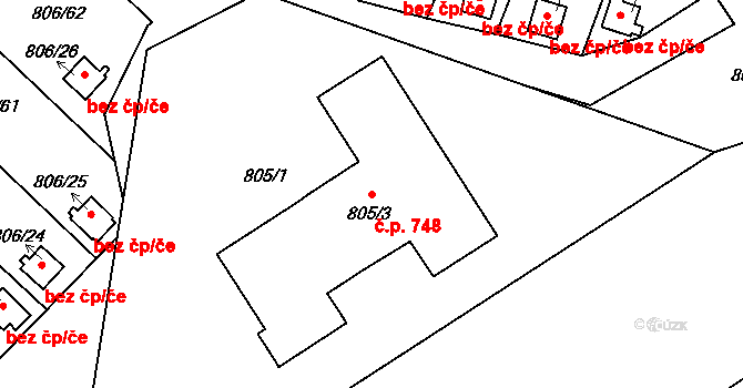 Fryštát 748, Karviná na parcele st. 805/3 v KÚ Karviná-město, Katastrální mapa