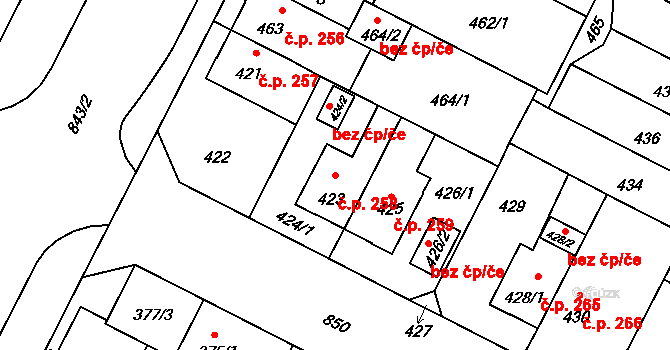 Lobzy 258, Plzeň na parcele st. 423 v KÚ Lobzy, Katastrální mapa