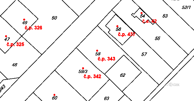 Troubsko 343 na parcele st. 58 v KÚ Troubsko, Katastrální mapa