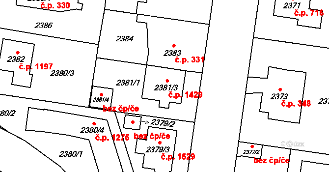 Kyje 1429, Praha na parcele st. 2381/3 v KÚ Kyje, Katastrální mapa