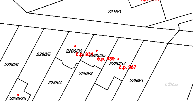 Lužice 939 na parcele st. 2286/35 v KÚ Lužice u Hodonína, Katastrální mapa