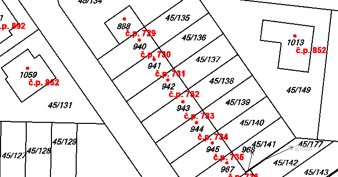 Hovorčovice 732 na parcele st. 942 v KÚ Hovorčovice, Katastrální mapa