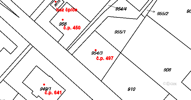 Bystřice nad Pernštejnem 497 na parcele st. 954/3 v KÚ Bystřice nad Pernštejnem, Katastrální mapa