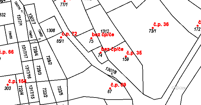 Čeložnice 38706440 na parcele st. 74 v KÚ Čeložnice, Katastrální mapa