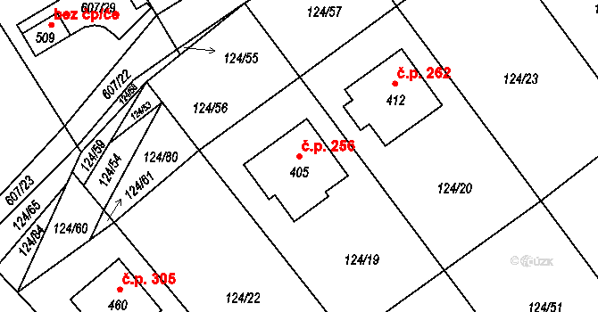 Provodov 256 na parcele st. 405 v KÚ Provodov na Moravě, Katastrální mapa