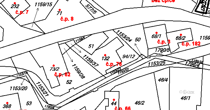 Vlčková 76 na parcele st. 132 v KÚ Vlčková, Katastrální mapa