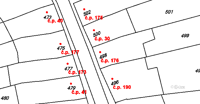 Kobeřice u Brna 176 na parcele st. 498 v KÚ Kobeřice u Brna, Katastrální mapa