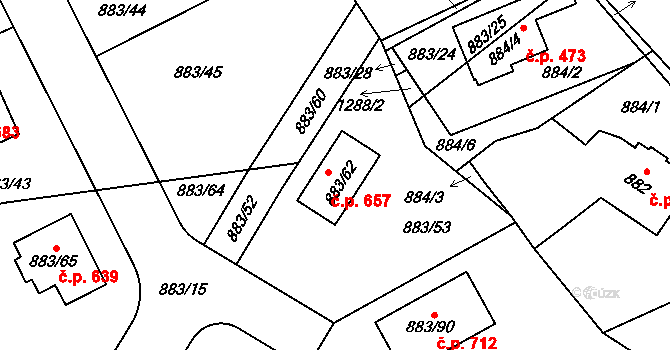Hřebeč 657 na parcele st. 883/62 v KÚ Hřebeč, Katastrální mapa