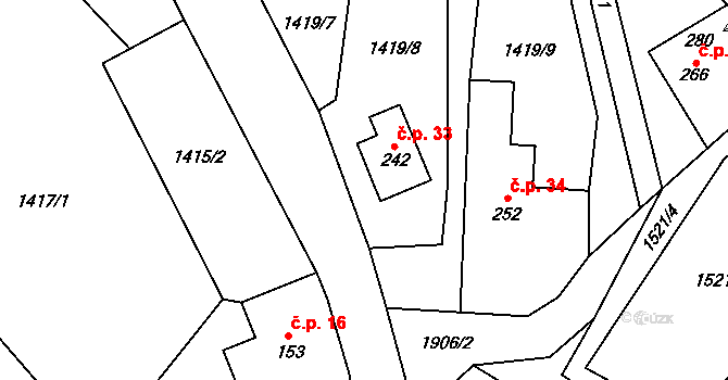 Kvasín 33, Tisovec na parcele st. 242 v KÚ Kvasín, Katastrální mapa