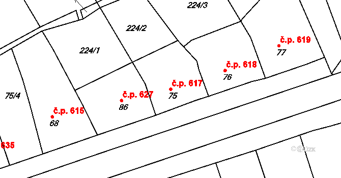 Rudná 617 na parcele st. 75 v KÚ Hořelice, Katastrální mapa