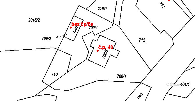 Bartošovice 40 na parcele st. 708/2 v KÚ Bartošovice, Katastrální mapa