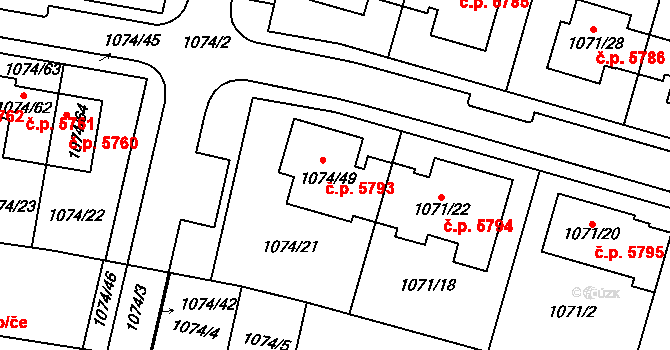 Jihlava 5793 na parcele st. 1074/49 v KÚ Jihlava, Katastrální mapa