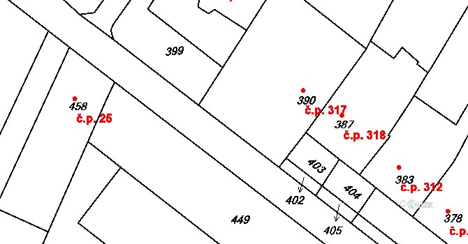 Prusinovice 317 na parcele st. 390 v KÚ Prusinovice, Katastrální mapa