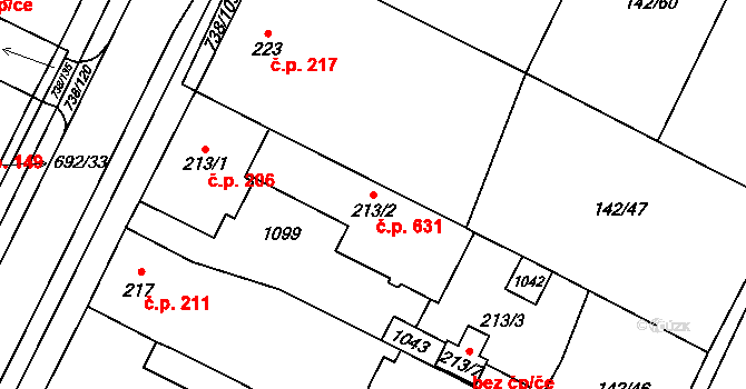 Chotěšov 631 na parcele st. 213/2 v KÚ Chotěšov, Katastrální mapa