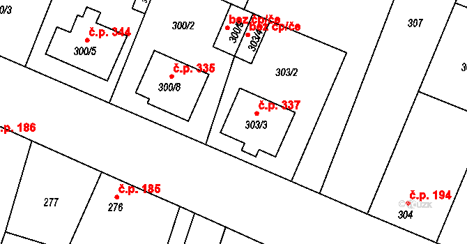 Šanov 337 na parcele st. 303/3 v KÚ Šanov nad Jevišovkou, Katastrální mapa