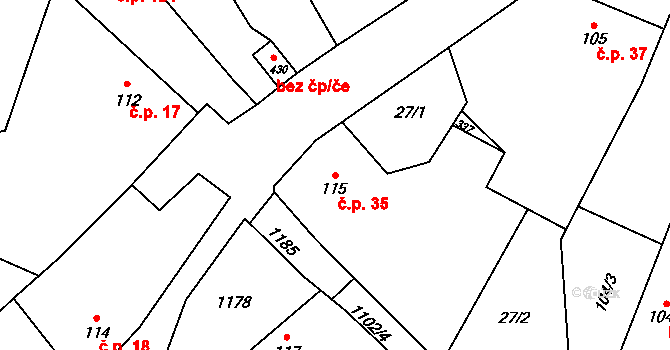 Červené Janovice 35 na parcele st. 115 v KÚ Červené Janovice, Katastrální mapa