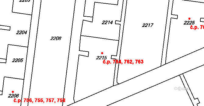 Zruč nad Sázavou 762,763,764 na parcele st. 2215 v KÚ Zruč nad Sázavou, Katastrální mapa