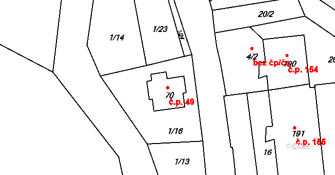 Merklín 49 na parcele st. 70 v KÚ Merklín u Karlových Var, Katastrální mapa