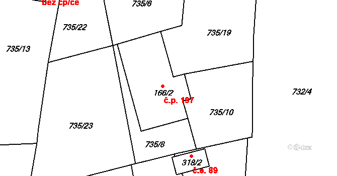 Kokonín 197, Jablonec nad Nisou na parcele st. 166/2 v KÚ Kokonín, Katastrální mapa