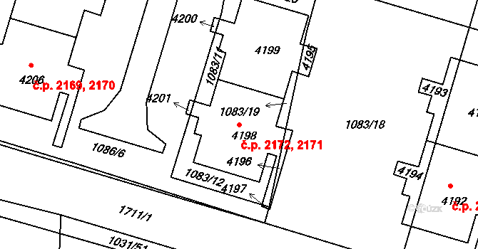 Nymburk 2171,2172 na parcele st. 4198 v KÚ Nymburk, Katastrální mapa