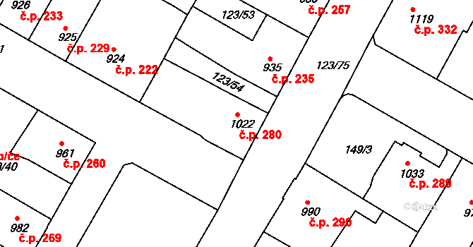 Telč-Štěpnice 280, Telč na parcele st. 1022 v KÚ Telč, Katastrální mapa