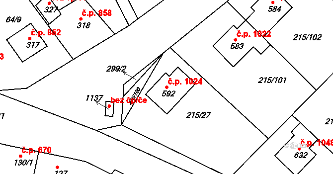 Rudná 1024 na parcele st. 592 v KÚ Hořelice, Katastrální mapa