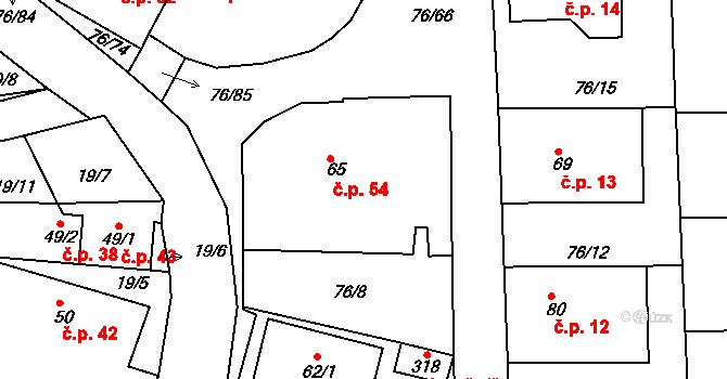 Hůrky 54 na parcele st. 65 v KÚ Hůrky u Rokycan, Katastrální mapa
