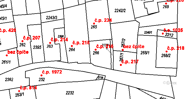 Tišnov 216 na parcele st. 266 v KÚ Tišnov, Katastrální mapa