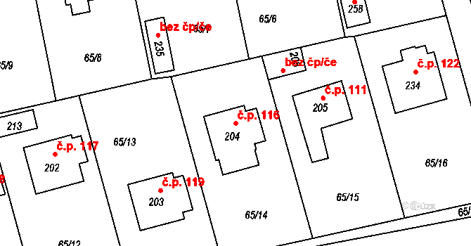 Sluštice 116 na parcele st. 204 v KÚ Sluštice, Katastrální mapa