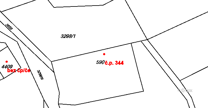 Rožnov pod Radhoštěm 344 na parcele st. 590 v KÚ Rožnov pod Radhoštěm, Katastrální mapa