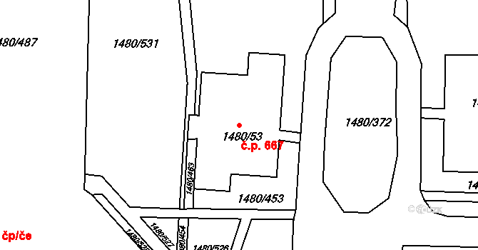 Krásné Březno 667, Ústí nad Labem na parcele st. 1480/53 v KÚ Krásné Březno, Katastrální mapa