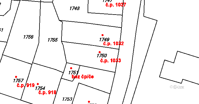 Duchcov 1033 na parcele st. 1750 v KÚ Duchcov, Katastrální mapa