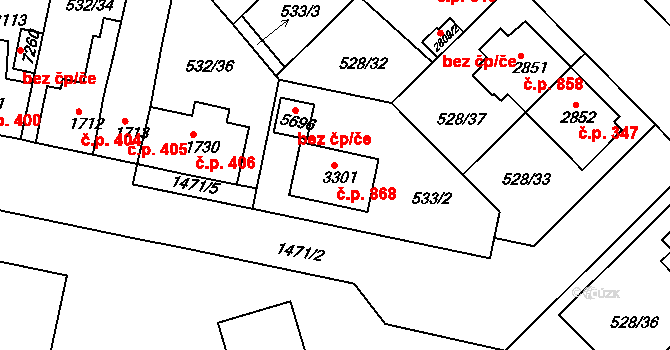 Borovina 868, Třebíč na parcele st. 3301 v KÚ Třebíč, Katastrální mapa