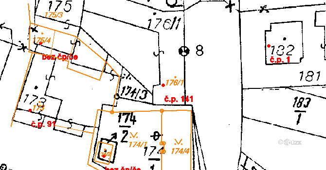 Chvalovice 141 na parcele st. 176/1 v KÚ Chvalovice, Katastrální mapa