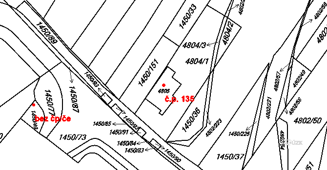 Komín 135, Brno na parcele st. 4805 v KÚ Komín, Katastrální mapa