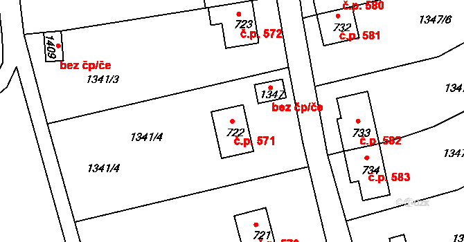 Benešov nad Ploučnicí 571 na parcele st. 722 v KÚ Benešov nad Ploučnicí, Katastrální mapa