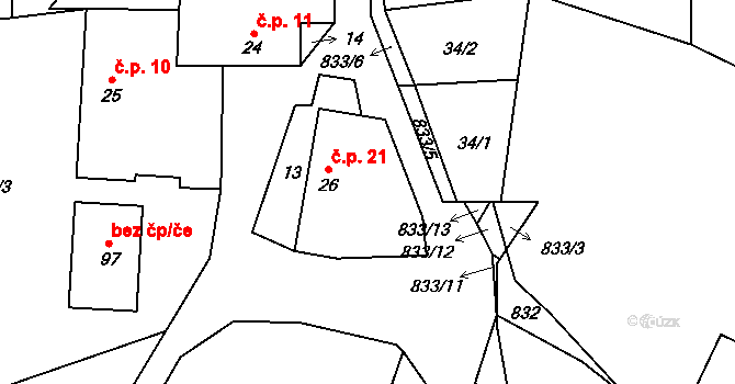 Chvojnov 21, Pelhřimov na parcele st. 26 v KÚ Chvojnov, Katastrální mapa