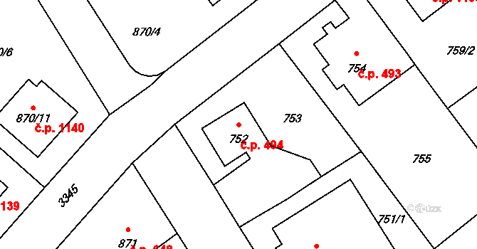 Pelhřimov 494 na parcele st. 752 v KÚ Pelhřimov, Katastrální mapa