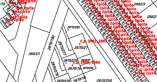 Teplice 2662,2663 na parcele st. 2870/21 v KÚ Teplice, Katastrální mapa