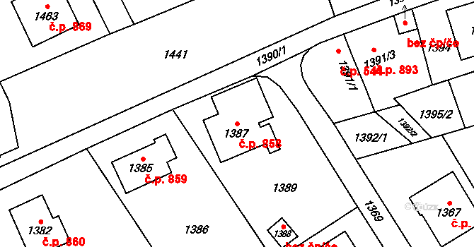 Jablunkov 858 na parcele st. 1387 v KÚ Jablunkov, Katastrální mapa