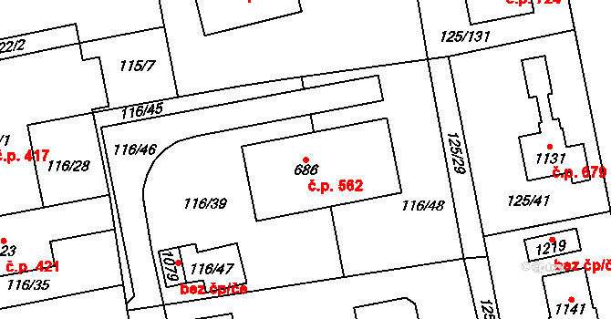 Veltrusy 562 na parcele st. 686 v KÚ Veltrusy, Katastrální mapa