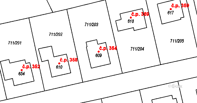 Daliměřice 354, Turnov na parcele st. 609 v KÚ Daliměřice, Katastrální mapa