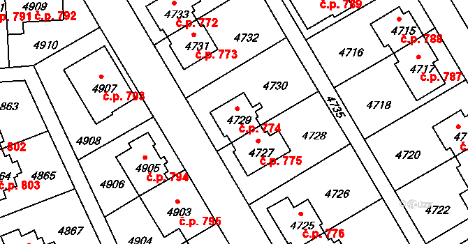 Záběhlice 774, Praha na parcele st. 4729 v KÚ Záběhlice, Katastrální mapa